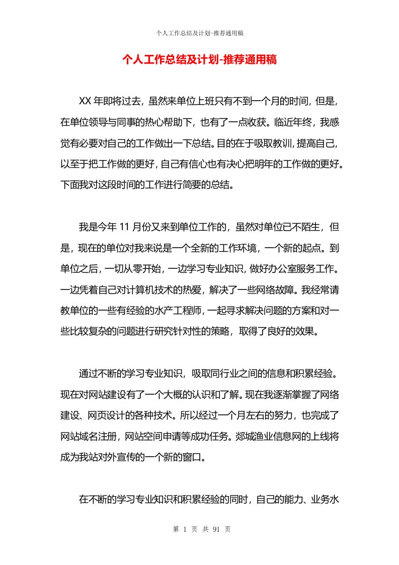 个人工作总结及计划