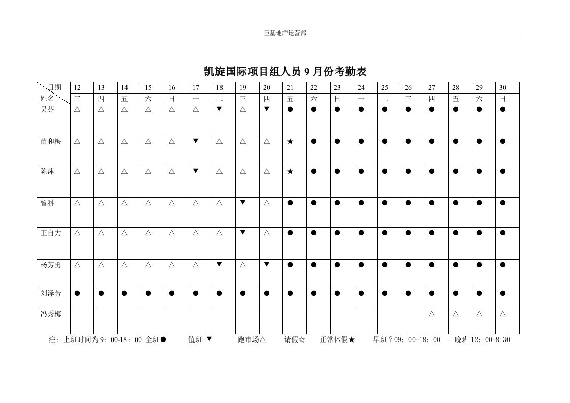 精选凯旋国际项目组考勤表9月份