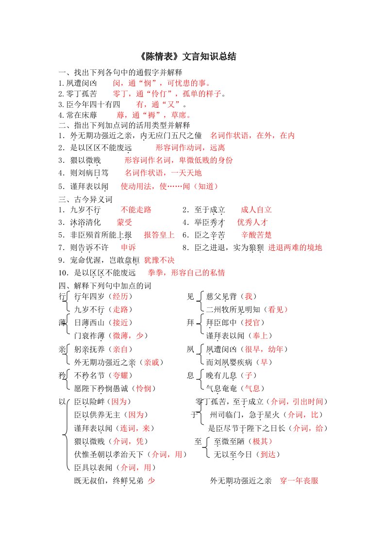 《陈情表》通假字词类活用解释特殊句式