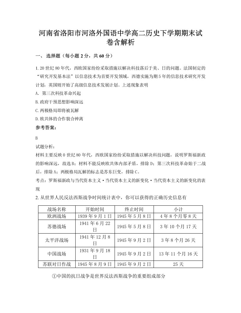 河南省洛阳市河洛外国语中学高二历史下学期期末试卷含解析