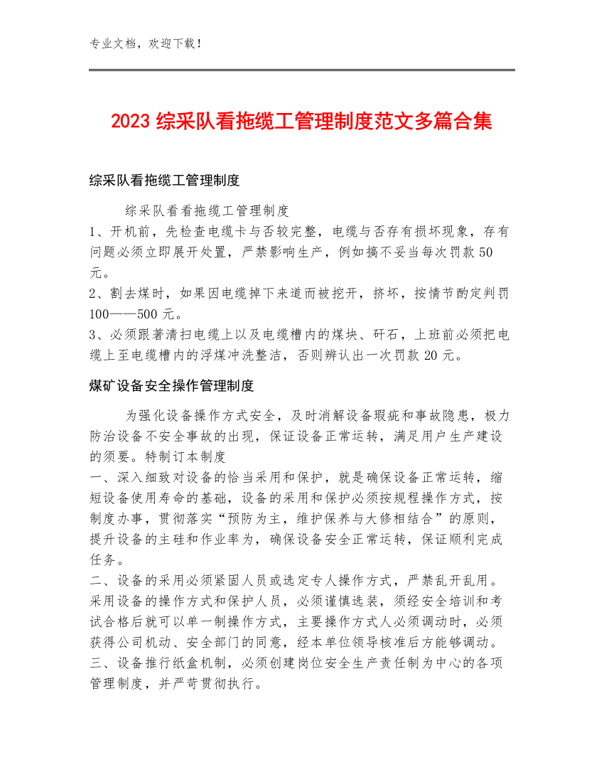 2023综采队看拖缆工管理制度范文多篇合集