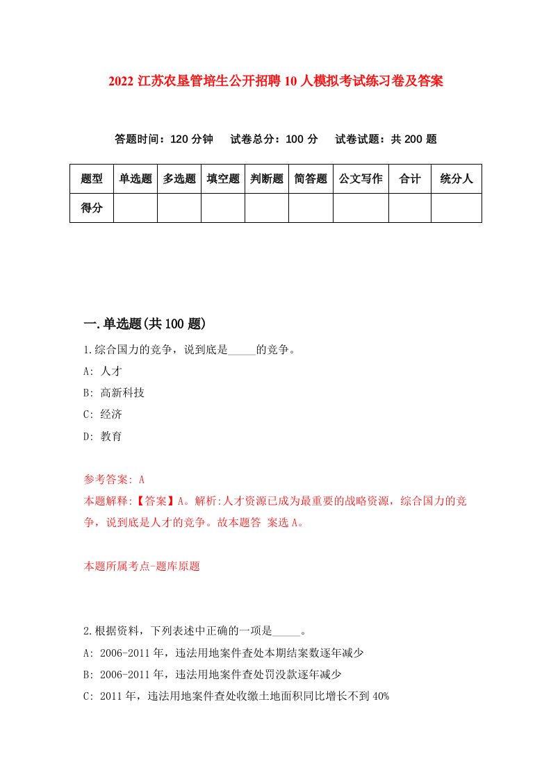 2022江苏农垦管培生公开招聘10人模拟考试练习卷及答案第4次