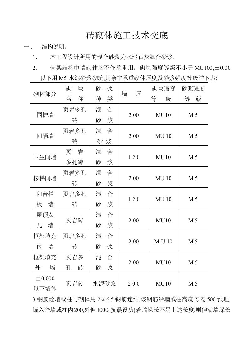 住宅楼砖砌体技术交底