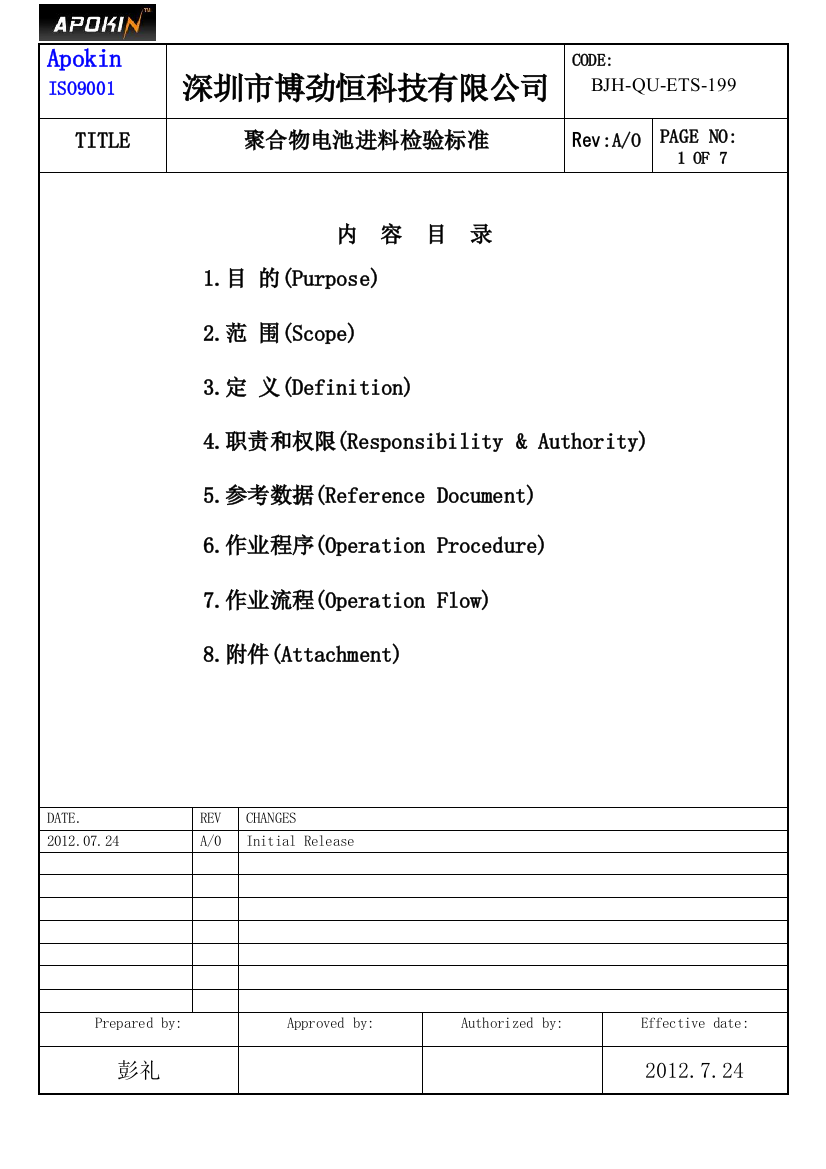 聚合物电池进料检验标准