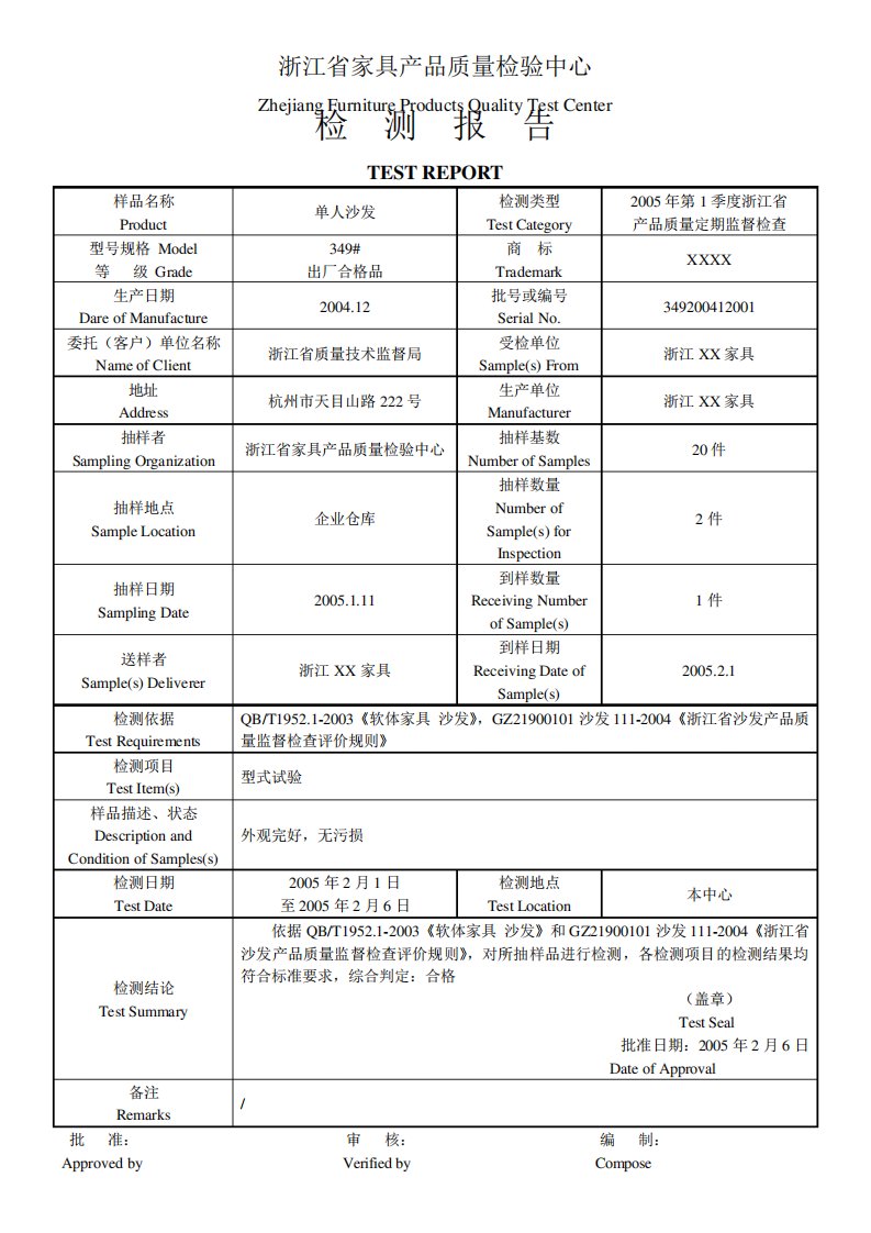 家具产品质量检测报告模板