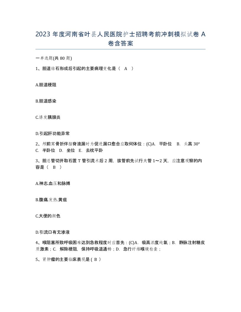 2023年度河南省叶县人民医院护士招聘考前冲刺模拟试卷A卷含答案