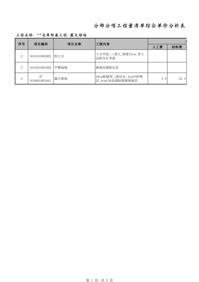 露天堆场综合单价分析表