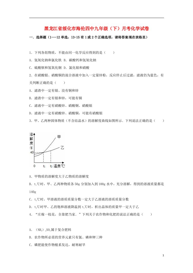 黑龙江省绥化市海伦四中九级化学下学期月考试题（含解析）