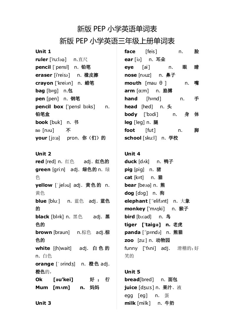 PEP小学英语单词表