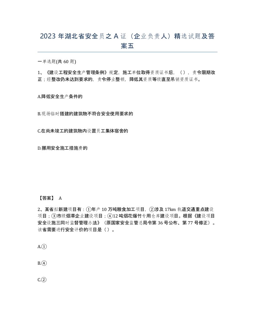 2023年湖北省安全员之A证企业负责人试题及答案五