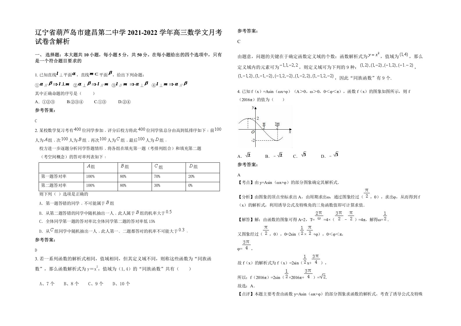 辽宁省葫芦岛市建昌第二中学2021-2022学年高三数学文月考试卷含解析