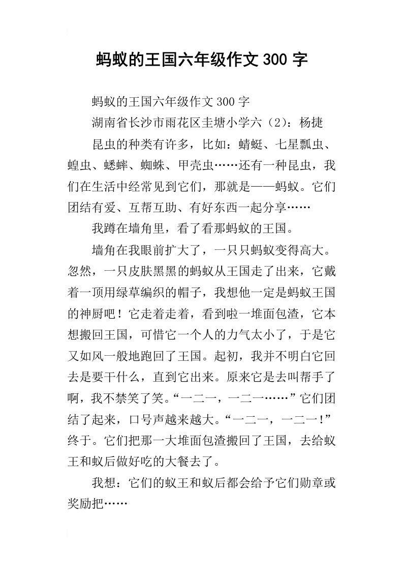 蚂蚁的王国六年级作文300字