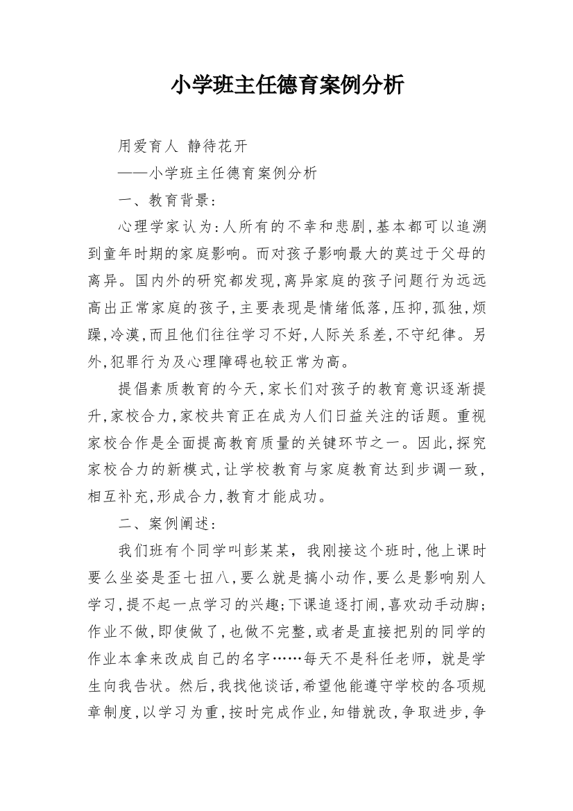 小学班主任德育案例分析