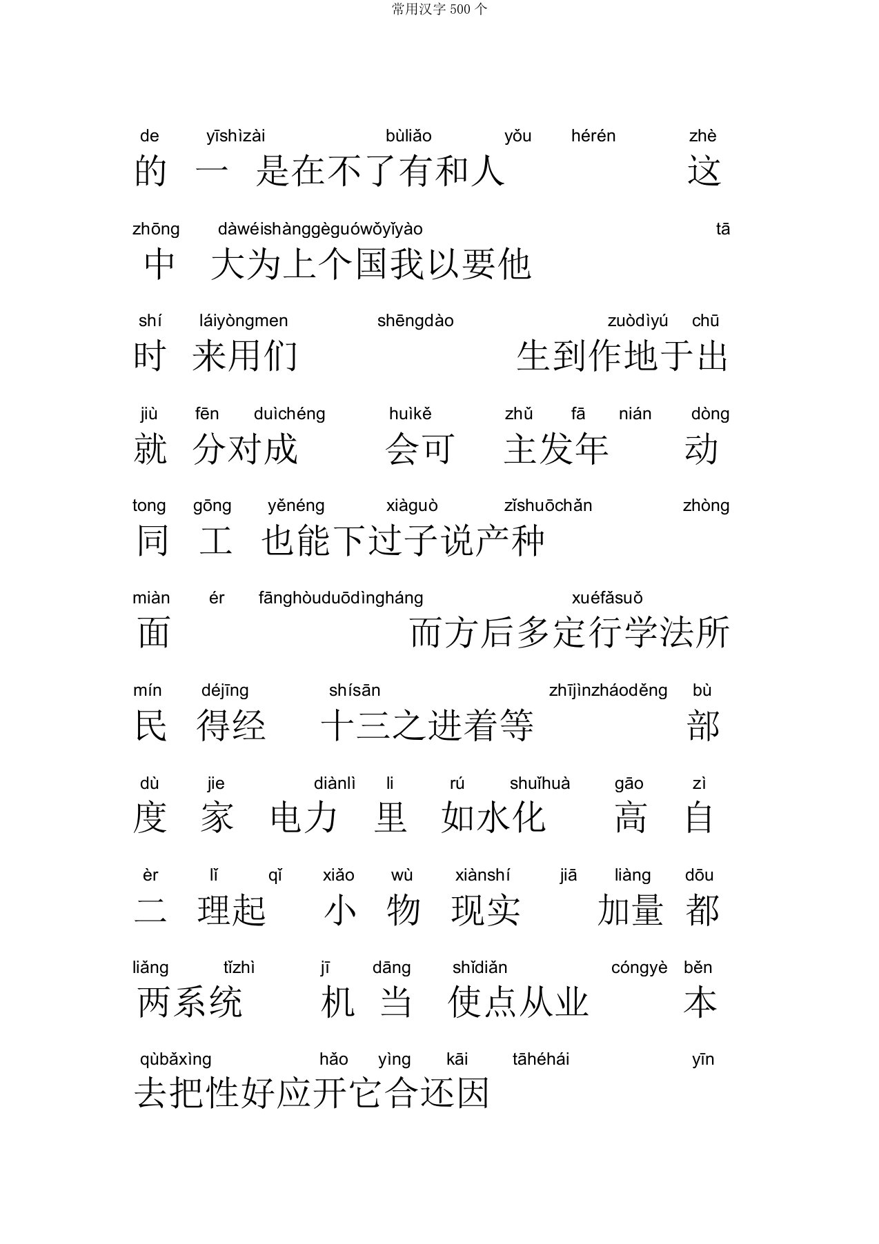 常用汉字500个