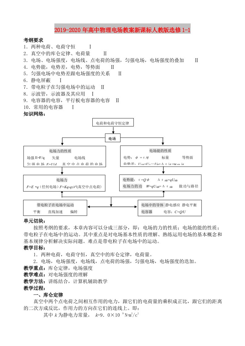 2019-2020年高中物理电场教案新课标人教版选修1-1