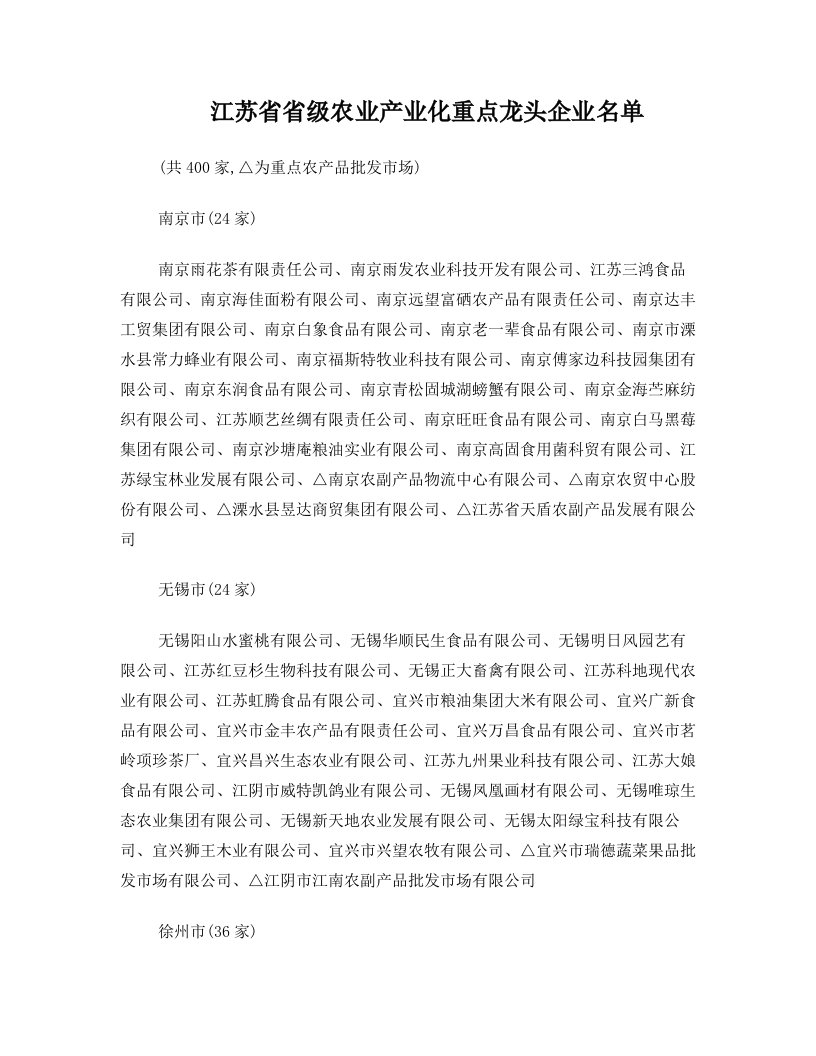 江苏省省级农业产业化重点龙头企业名单