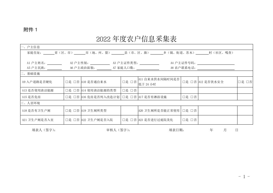 2022年度农户信息采集表、行政乡村建设信息采集表