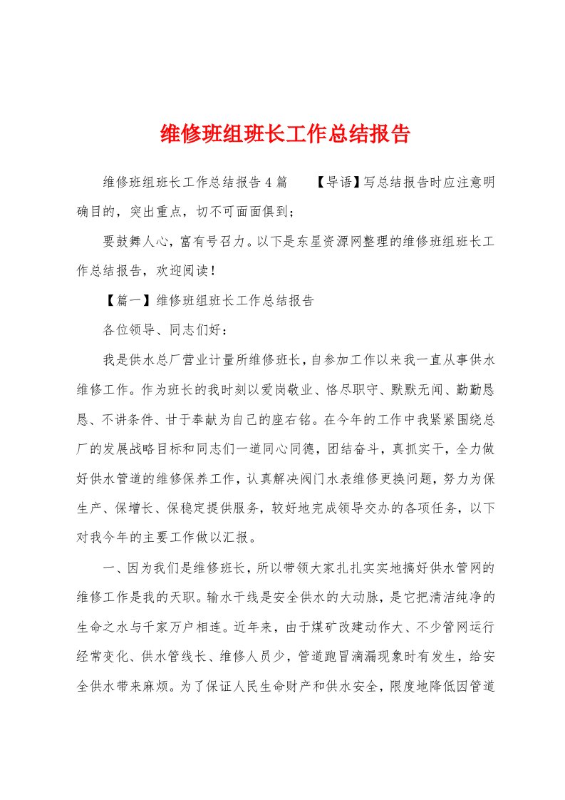 维修班组班长工作总结报告