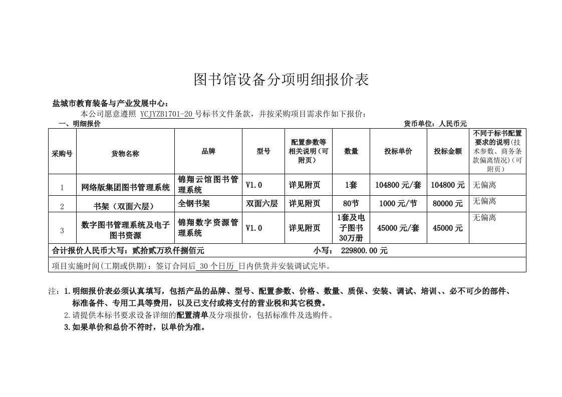 图书馆设备分项明细报价表