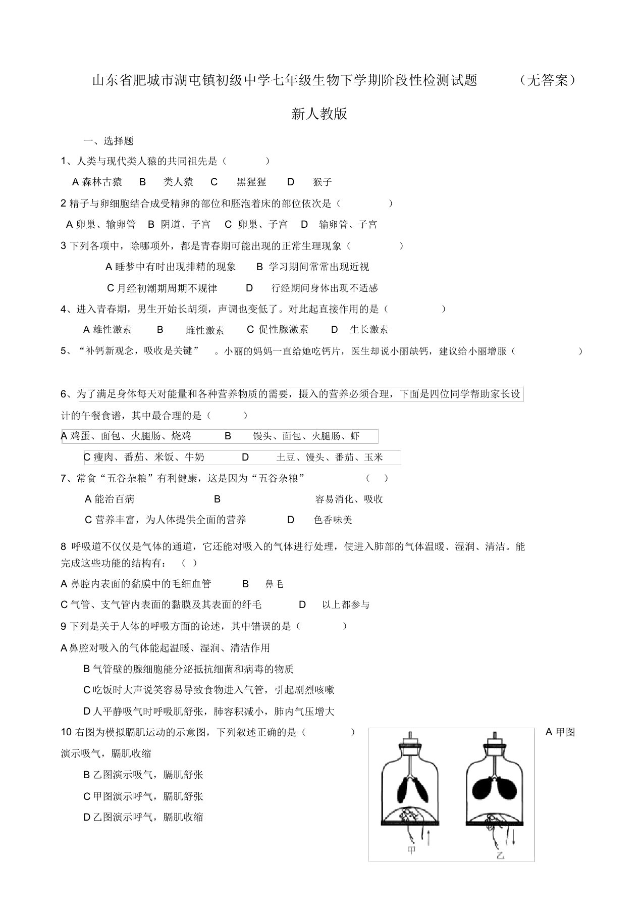 山东省肥城市湖屯镇初级中学七年级生物下学期阶段性检测试题