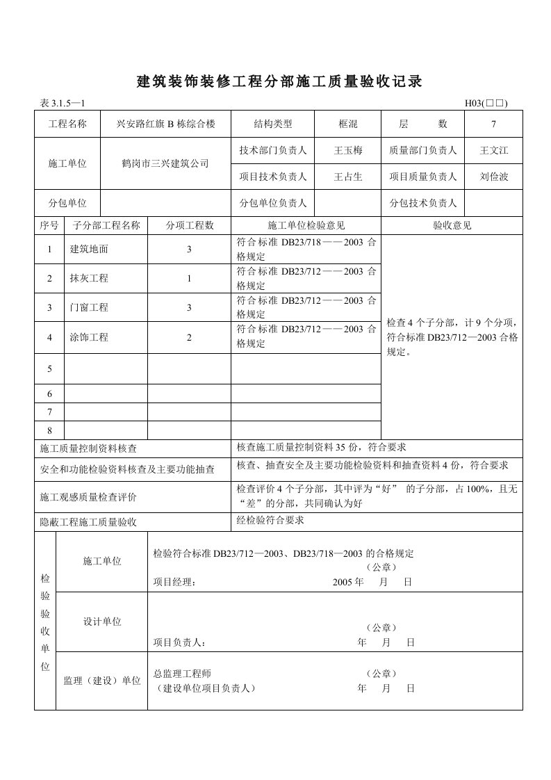 建筑装饰装修工程分部施工质量验收记录