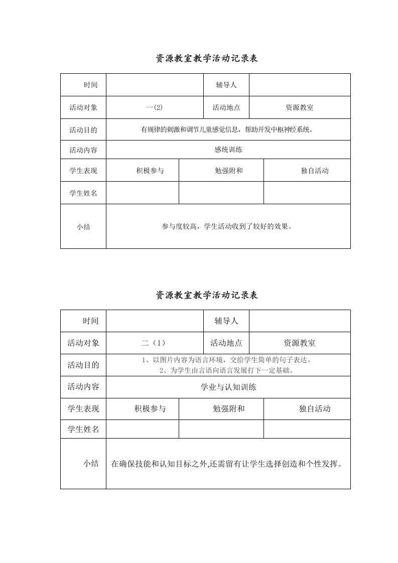 20142015资源教室教学活动记录