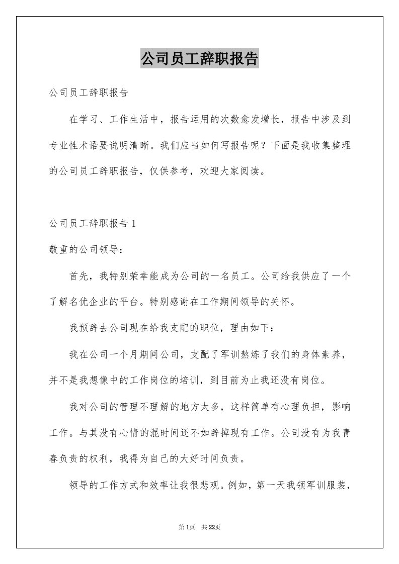 公司员工辞职报告范本1