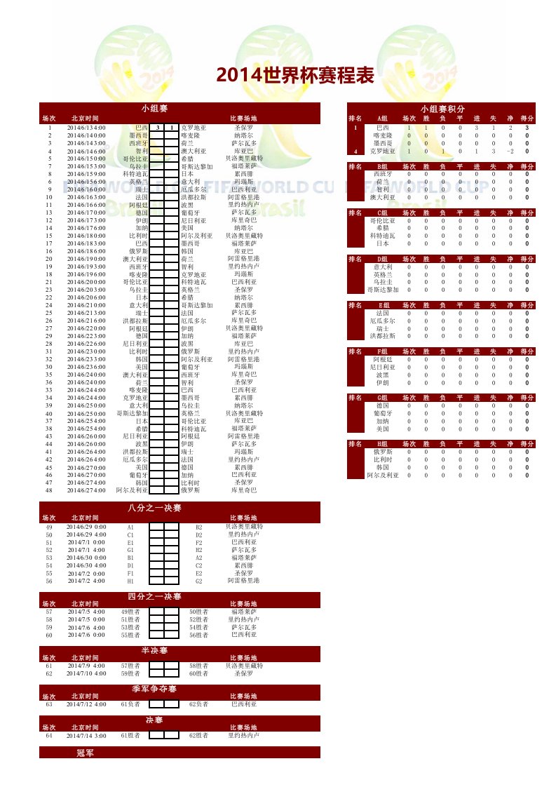 无印良品风格2014世界杯excel赛程、自动积分表