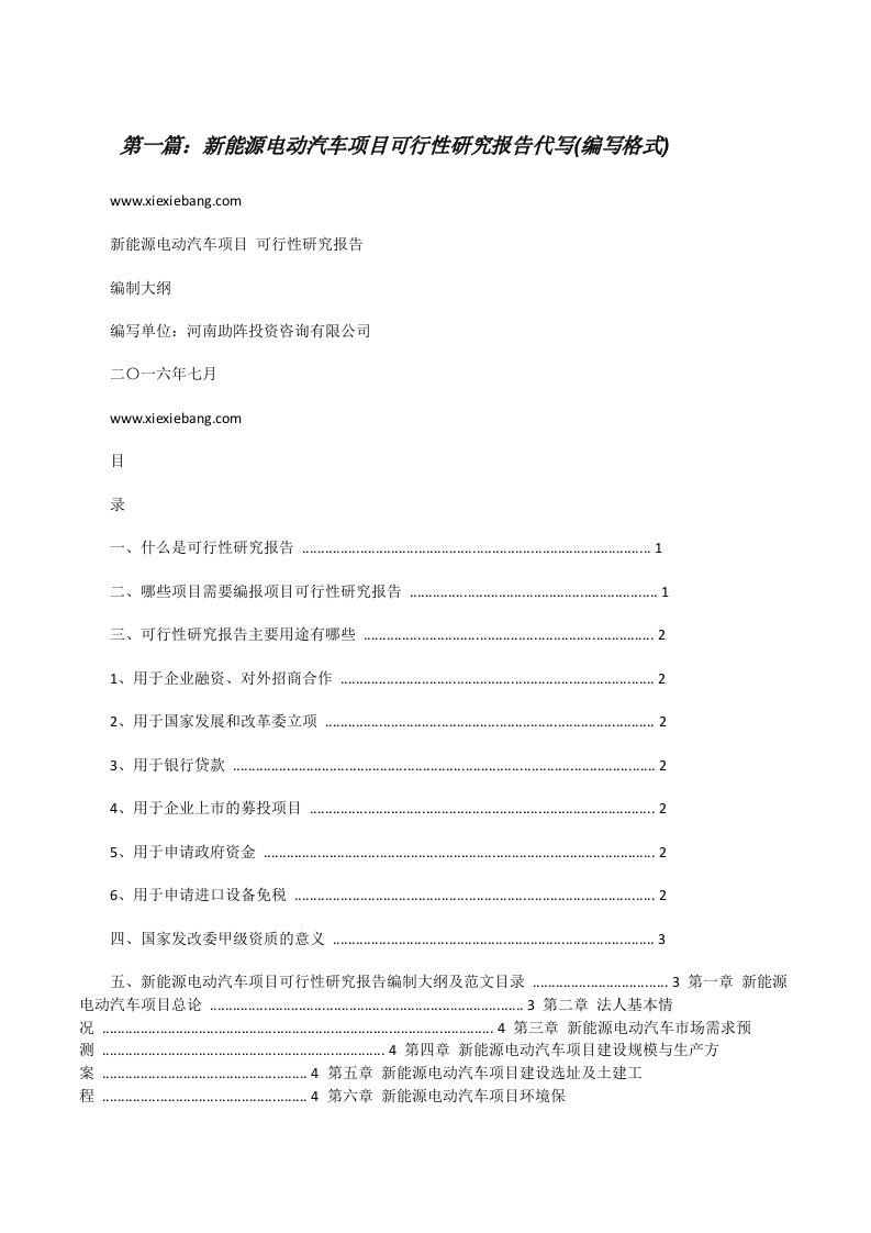 新能源电动汽车项目可行性研究报告代写(编写格式)（5篇可选）[修改版]