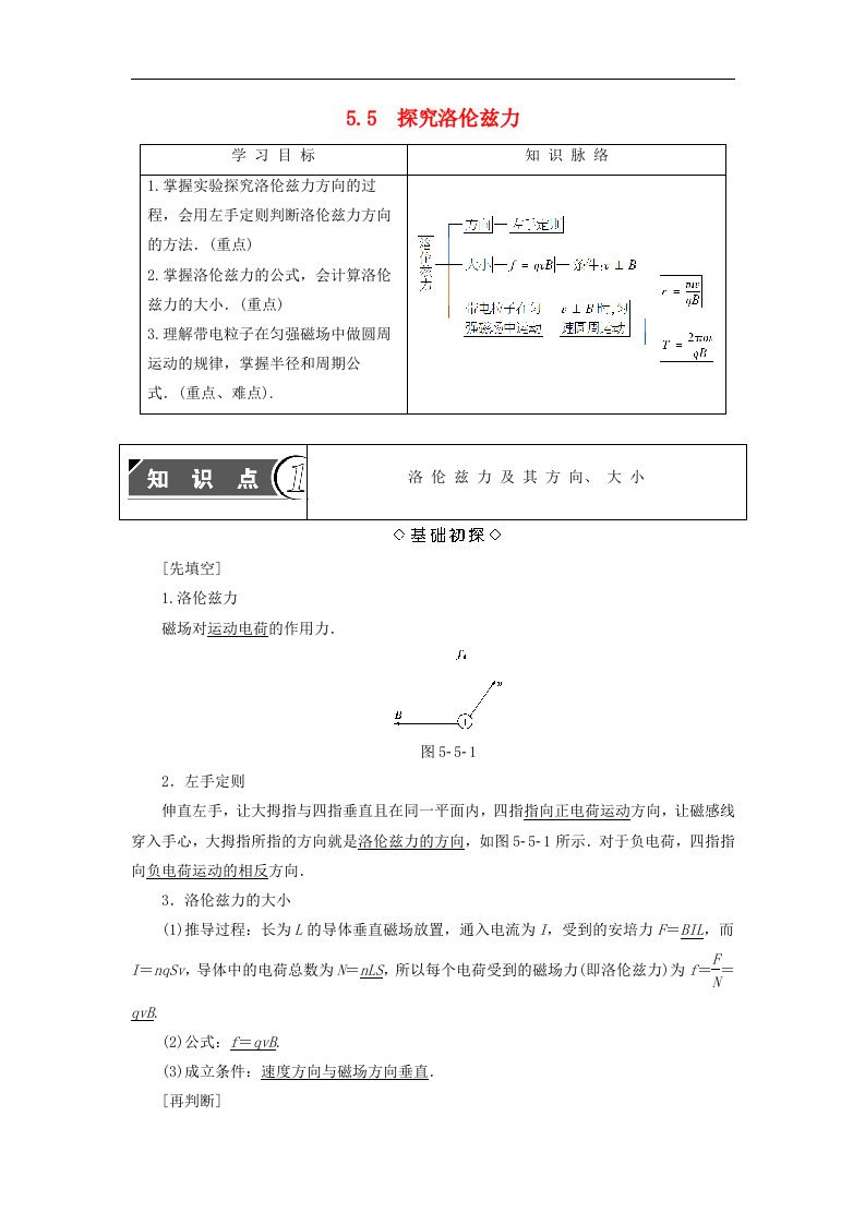 2017_2018学年第5章磁场与回旋加速器55探究洛伦兹力学案沪科版选修