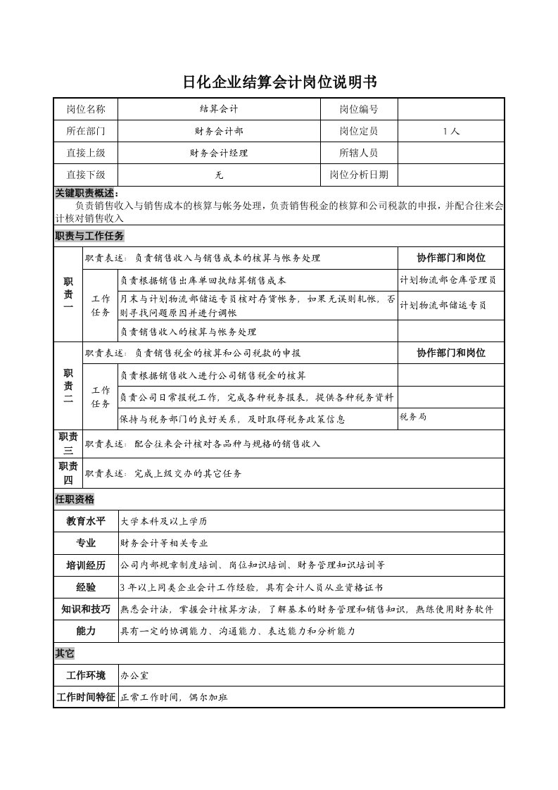 日化行业-日化企业结算会计岗位说明书