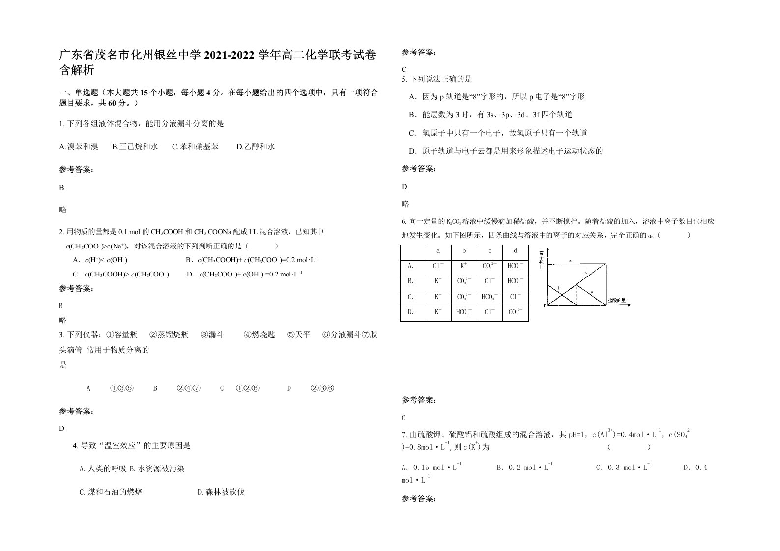 广东省茂名市化州银丝中学2021-2022学年高二化学联考试卷含解析