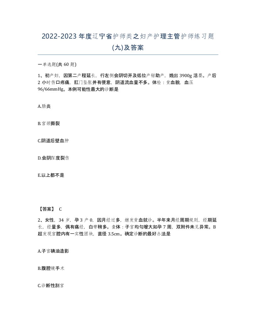 2022-2023年度辽宁省护师类之妇产护理主管护师练习题九及答案