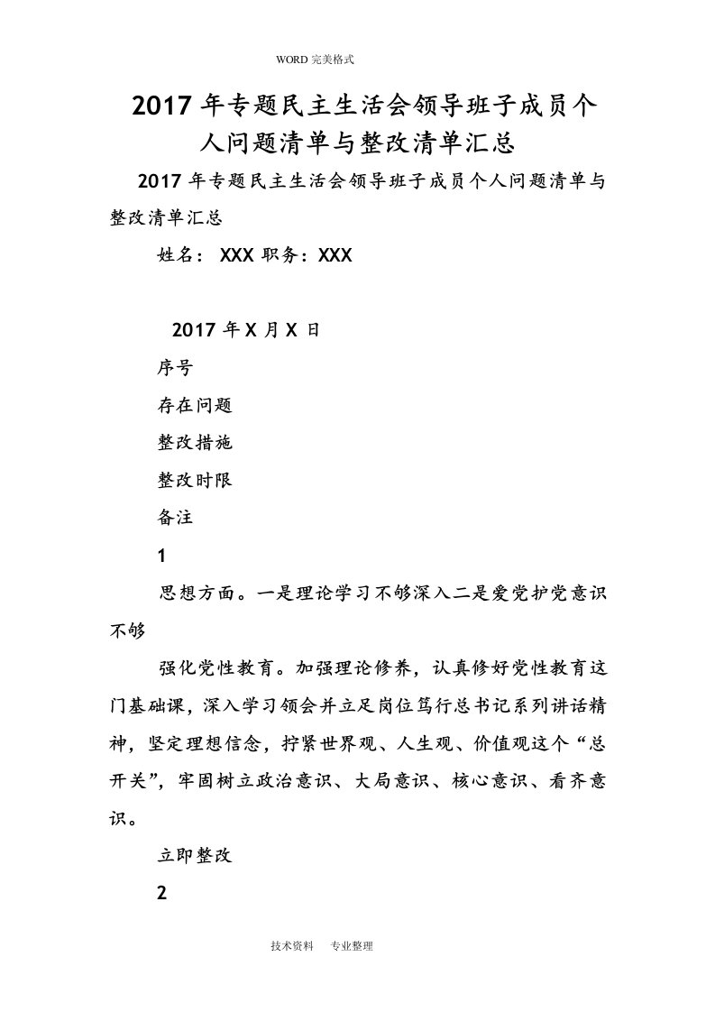 2018专题民主生活会领导班子成员个人问题清单及整改清单汇总