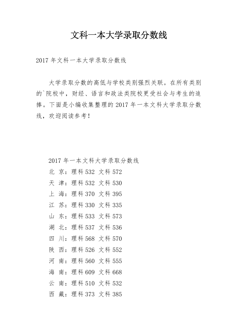 文科一本大学录取分数线