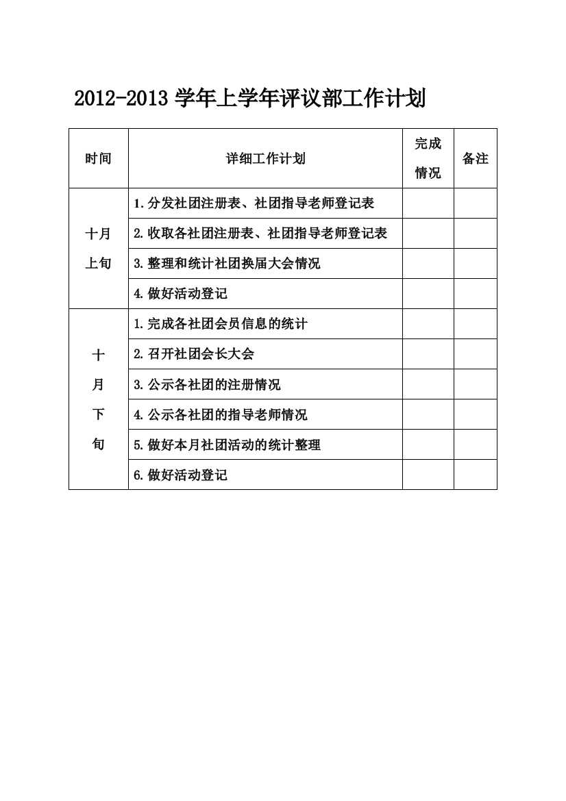 2012-2013学年上半年社联评议部工作计划