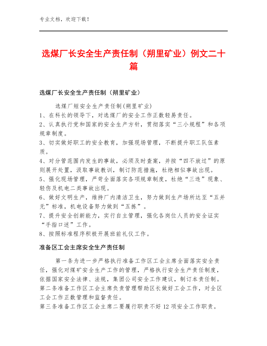 选煤厂长安全生产责任制（朔里矿业）例文二十篇