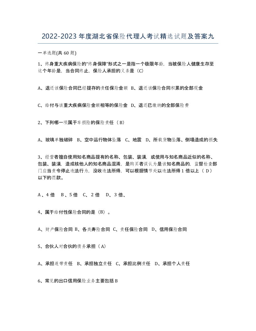 2022-2023年度湖北省保险代理人考试试题及答案九