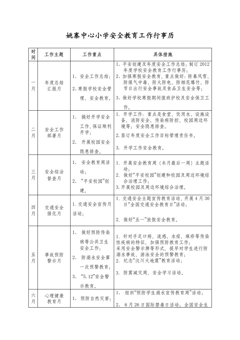 安全教育工作行事历