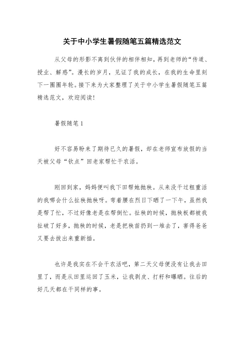 关于中小学生暑假随笔五篇精选范文