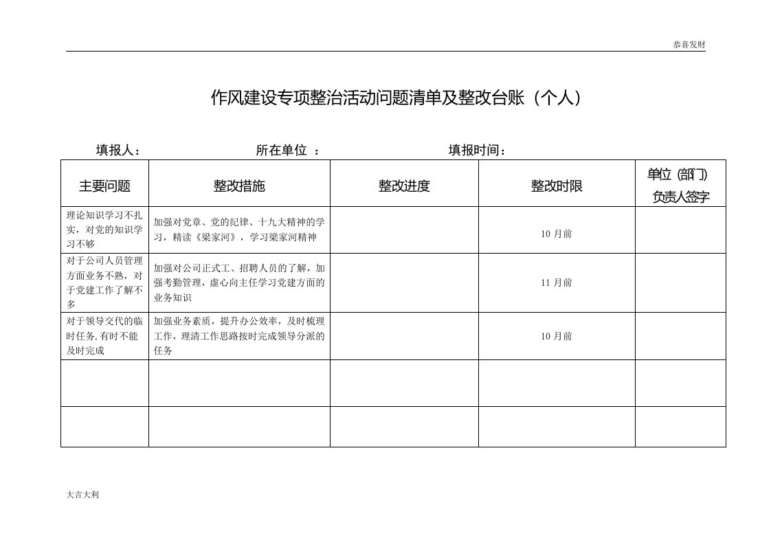 个人作风建设专项整治活动问题清单及整改台账-精选版