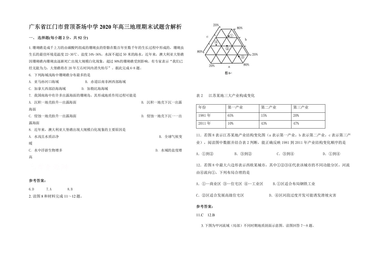 广东省江门市营顶茶场中学2020年高三地理期末试题含解析