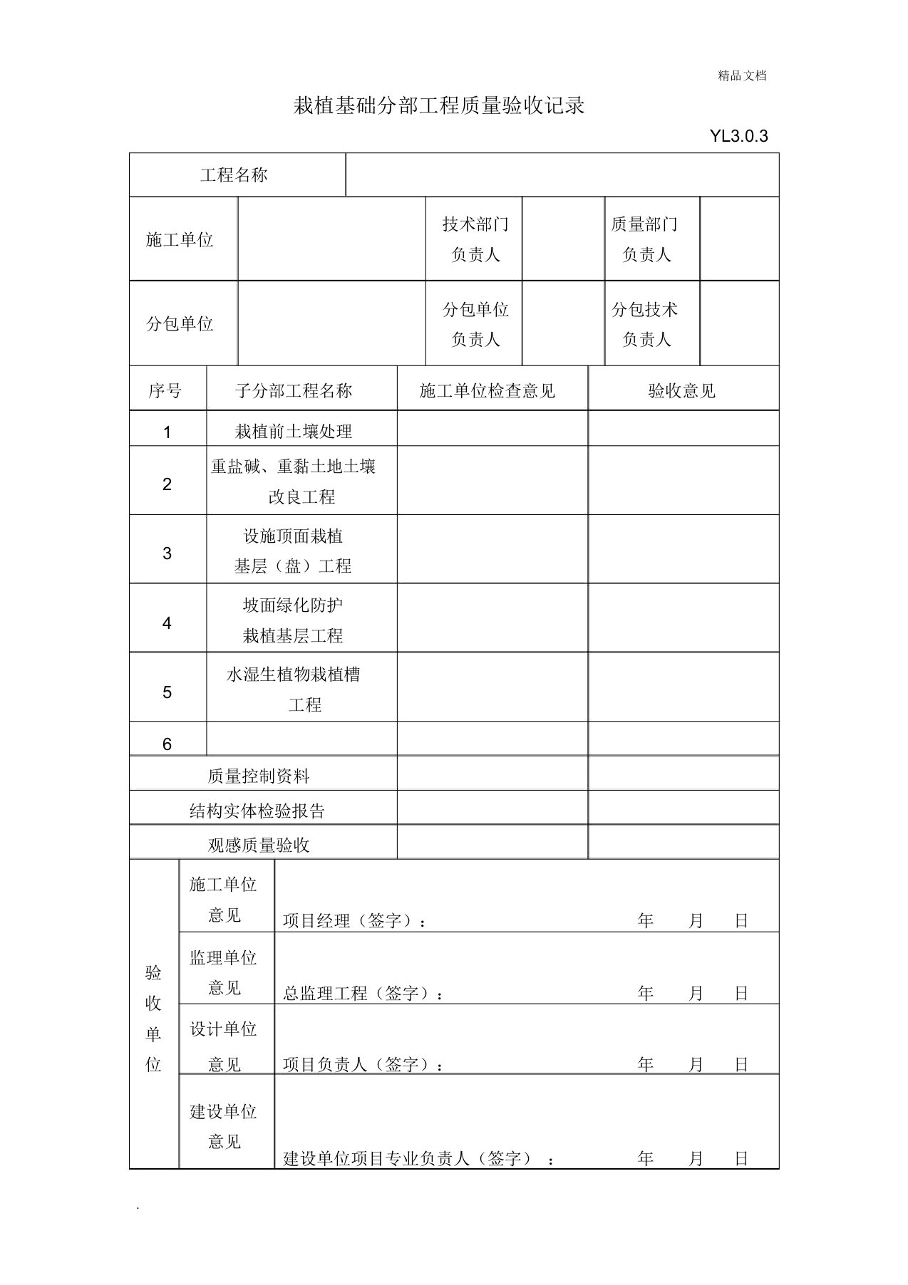 栽植基础分部(子分部)工程质量验收记录
