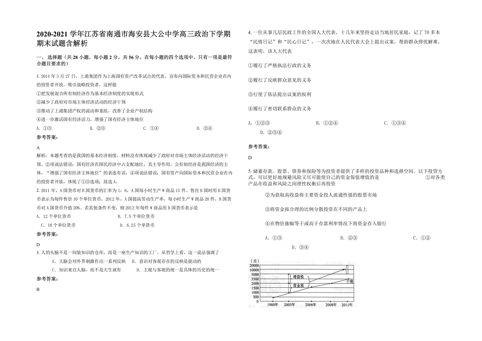 2020-2021学年江苏省南通市海安县大公中学高三政治下学期期末试题含解析