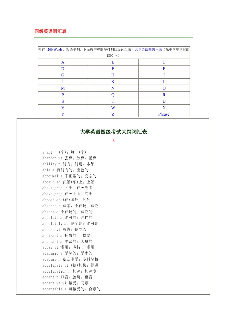 英语四级单词大纲