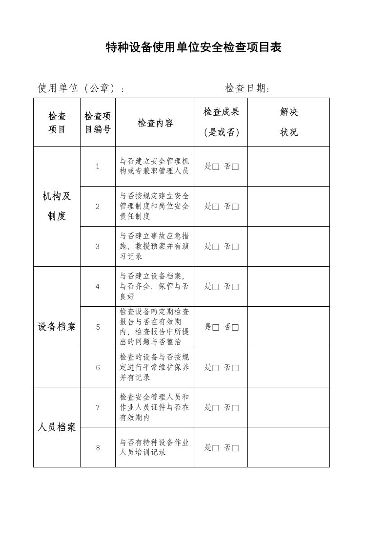 特种设备使用单位安全检查专项项目表