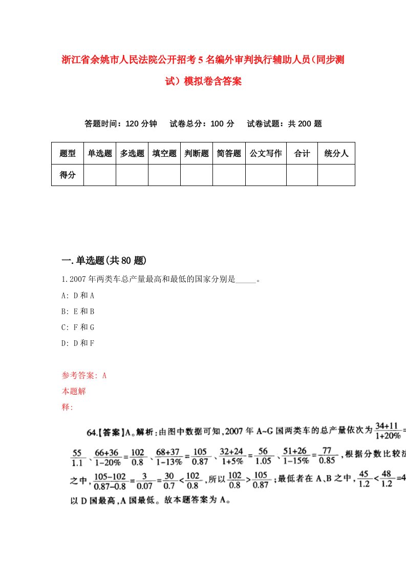 浙江省余姚市人民法院公开招考5名编外审判执行辅助人员同步测试模拟卷含答案9