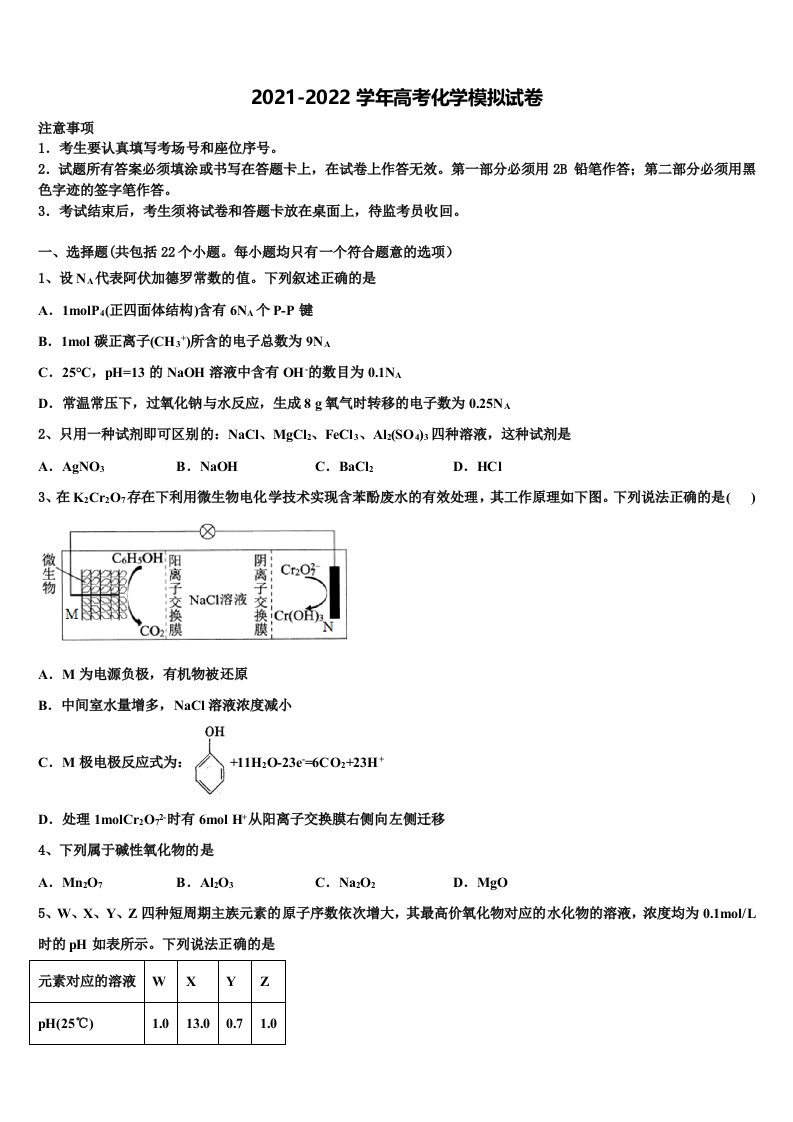 2021-2022学年重庆市彭水一中高三下第一次测试化学试题含解析