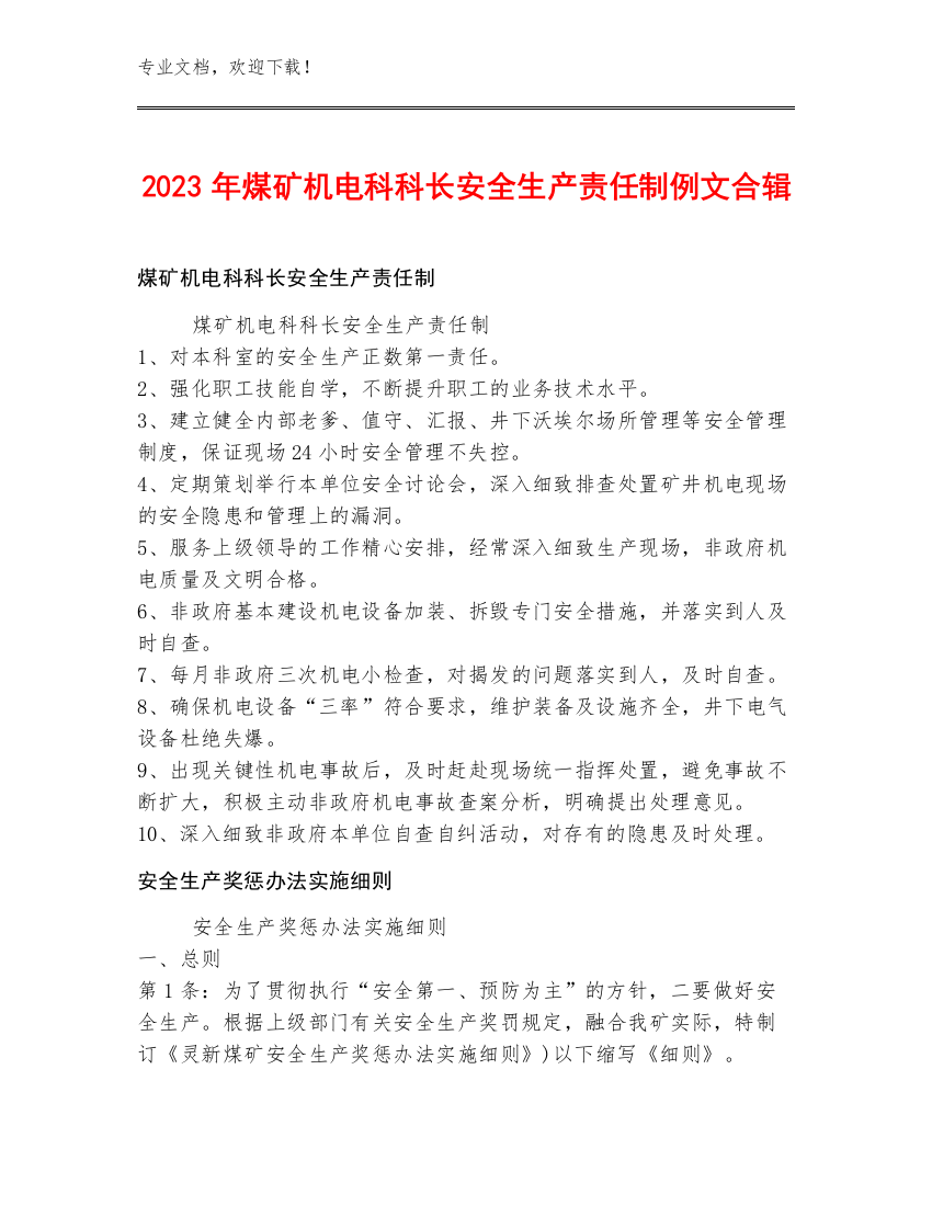 2023年煤矿机电科科长安全生产责任制例文合辑