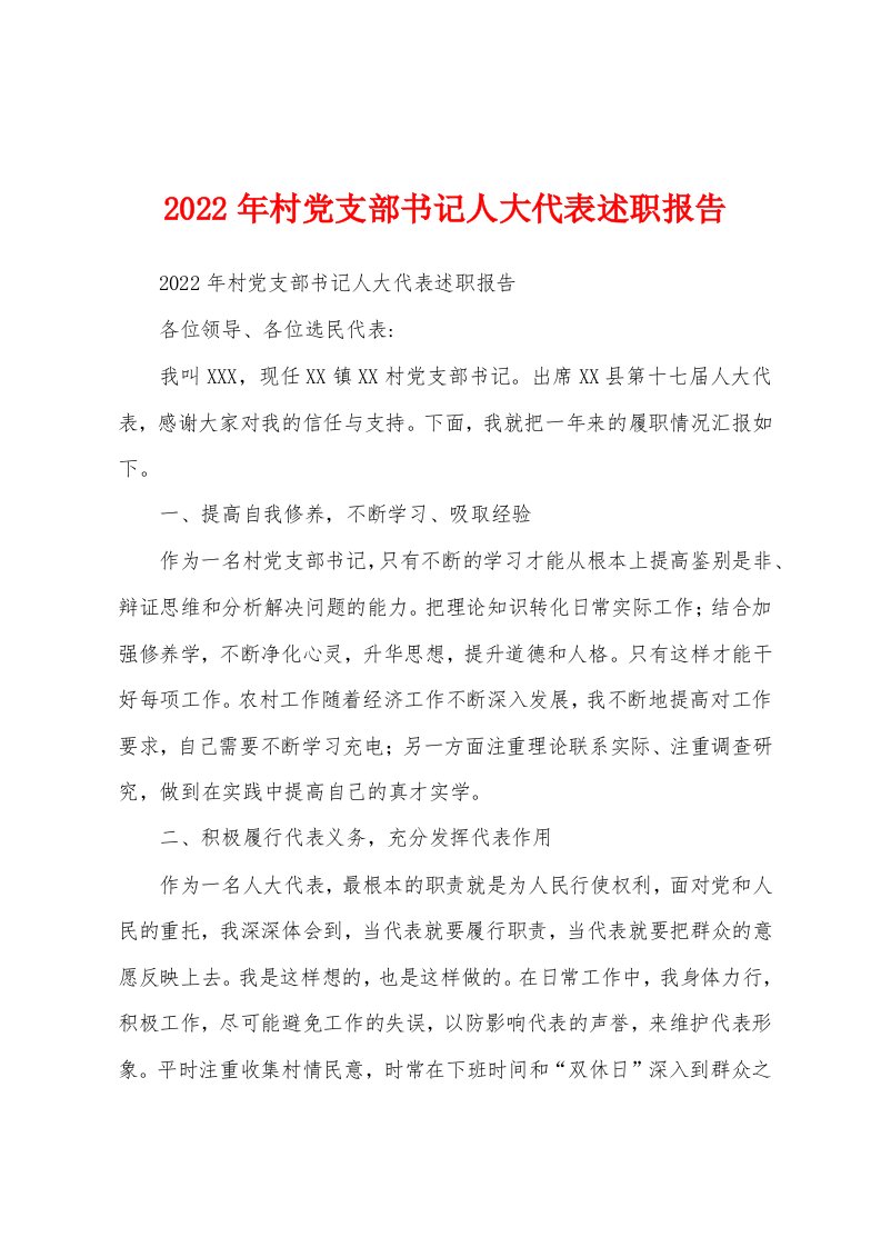 2022年村党支部书记人大代表述职报告